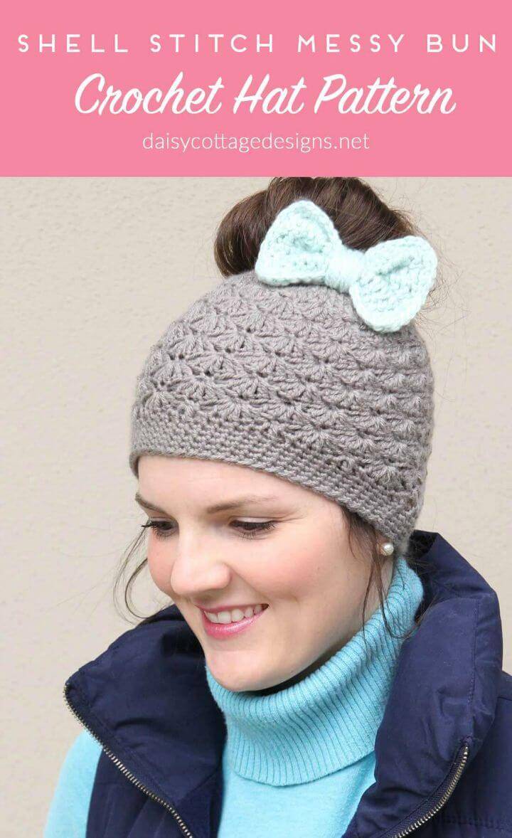 How To Free Crochet Shell Stitch Messy Bun Crochet Hat Pattern