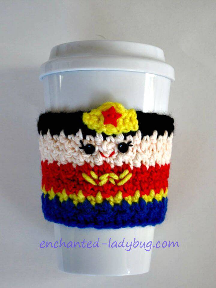 Free Crochet Wonder Woman Coffee Cup Cozy Pattern