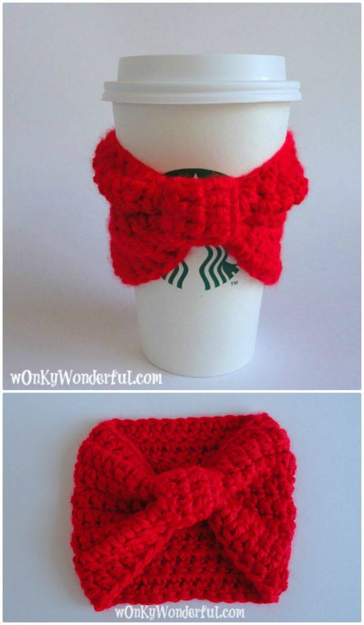 Easy Free Crochet Red Bow Cup Cozy Pattern