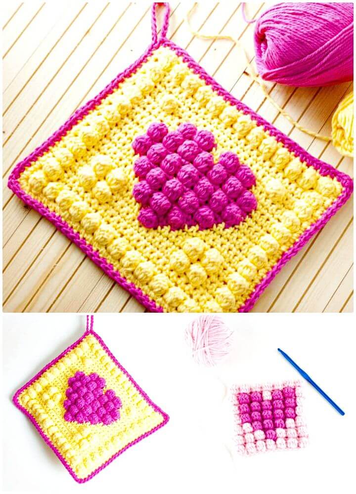 How To Crochet Bobble Heart Potholder - Free Pattern