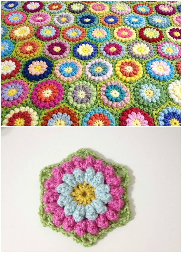 Easy Free Crochet Bobbly Flower Hexagon Afghan Pattern
