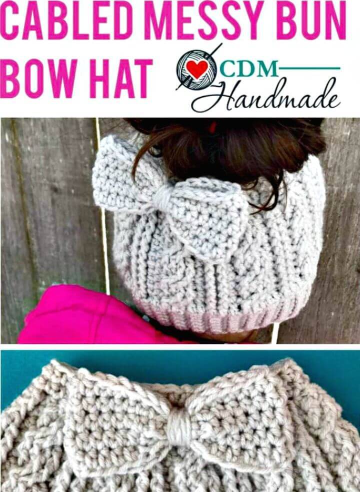 Free Crochet Cabled Messy Bun Bow Hat Pattern