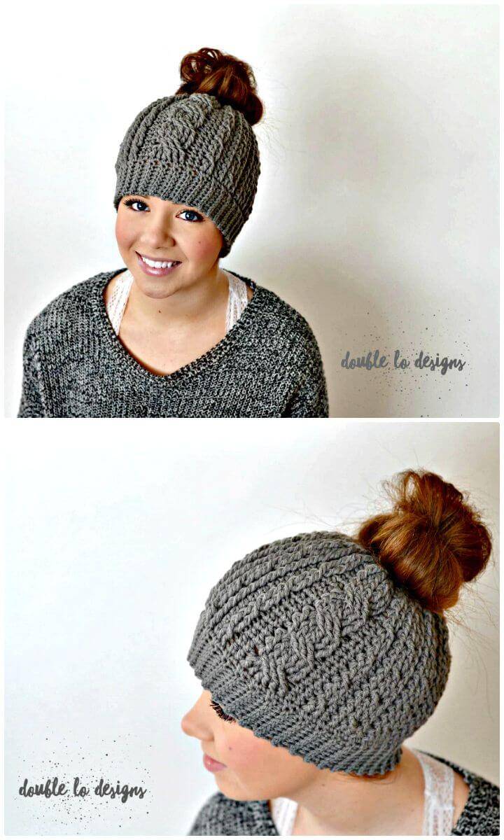 How To Easy Free Crochet Cabled Messy Bun Hat Pattern