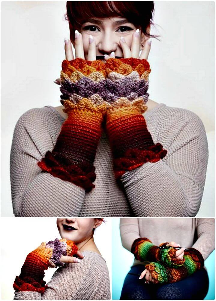 Crochet Crocodile Stitch Finger Less Gloves - Free Pattern