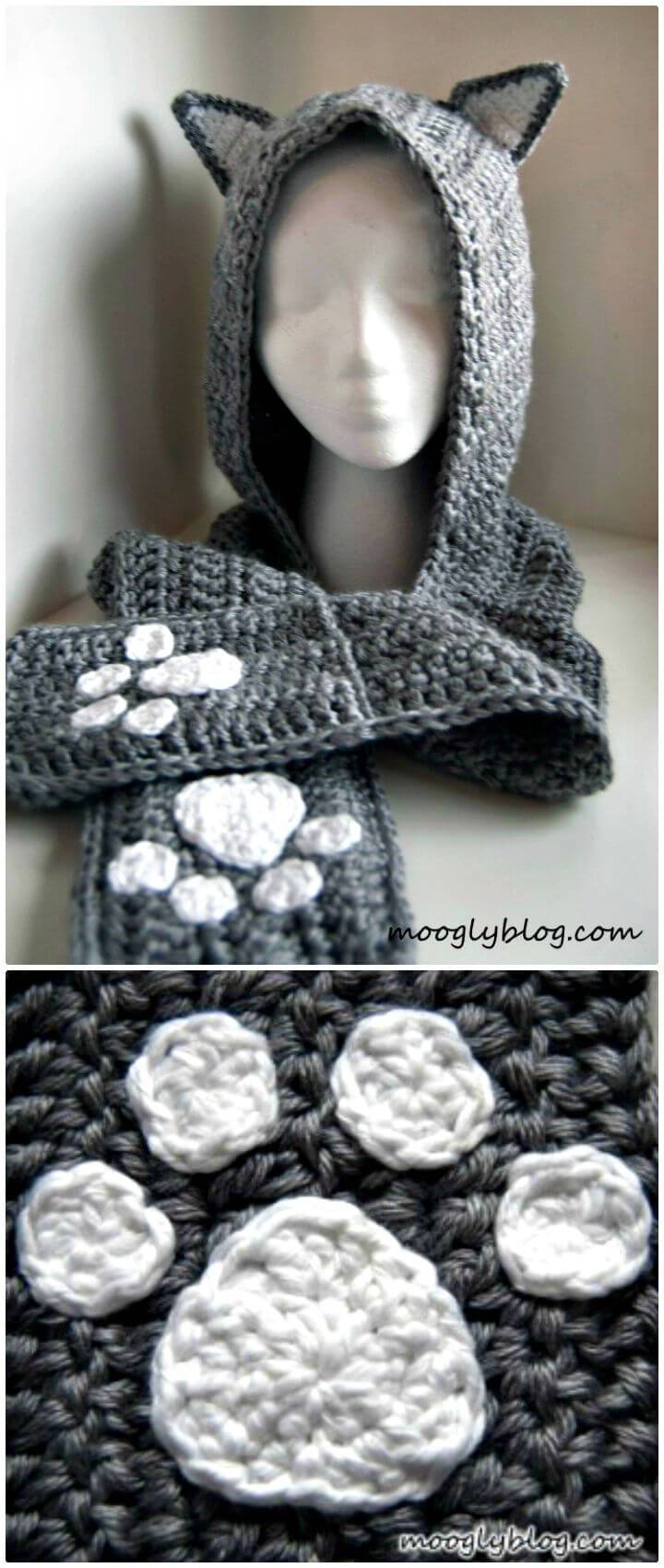 Easy Free Crochet Cuddly Cat Scoodie With Pockets - Hooded Scarf Pattern
