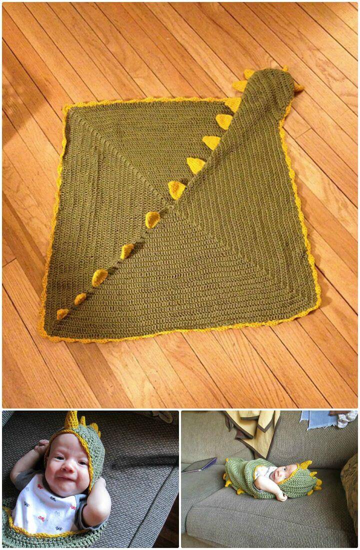 Cute Free Crochet Dino Baby Hooded Blanket Pattern