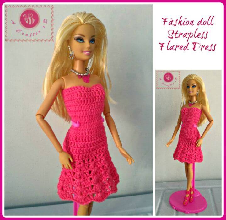 How To Free Crochet Fashion Doll Strapless Flared Dress Pattern