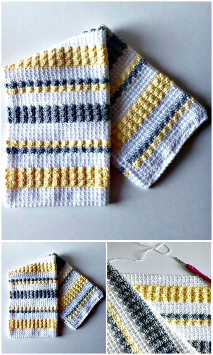 Free Crochet Gray And Yellow Bobble And Mesh Stitch Blanket Pattern