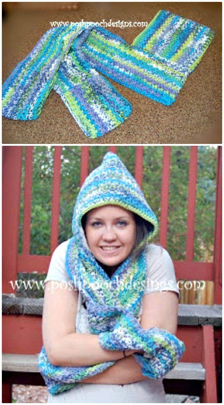 Easy Free Crochet Hooded Scarf With Pockets Pattern
