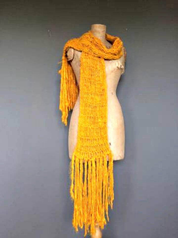 Easy Crochet Long Sari Silk Yarn Scarf With Tassels - Free Pattern