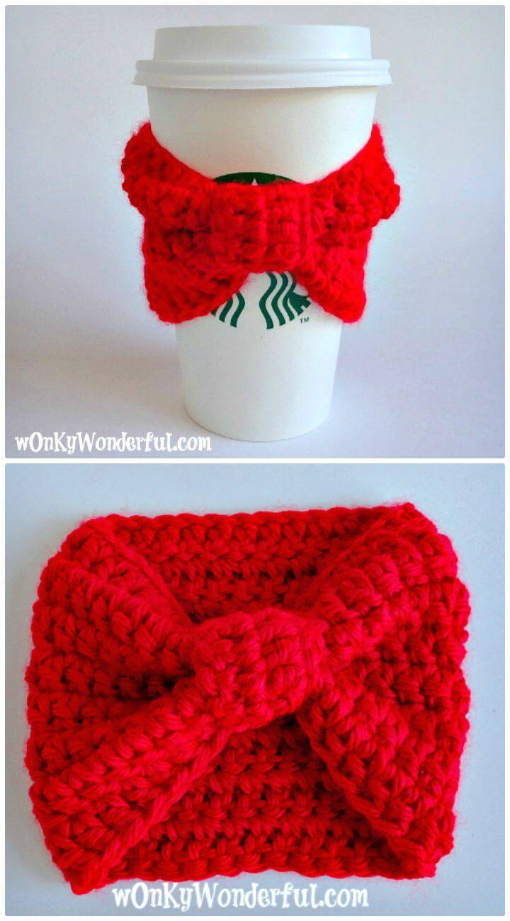 How To Free Crochet Red Bow Cup Cozy Pattern