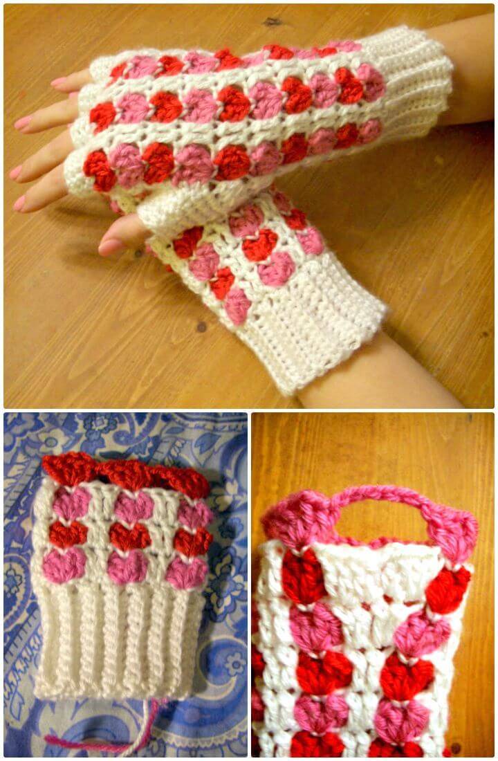 Crochet Scrap Heart Finger Less Gloves - Free Pattern