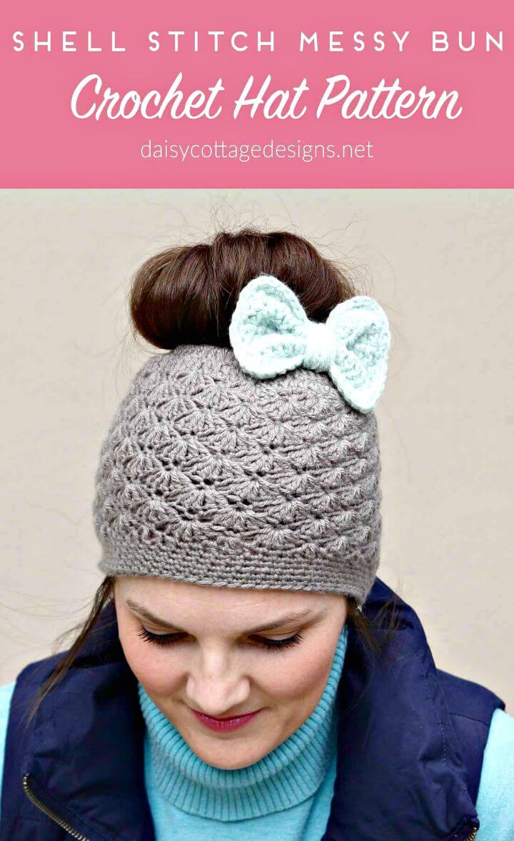 How To Free Crochet Shell Stitch Messy Bun Hat Pattern