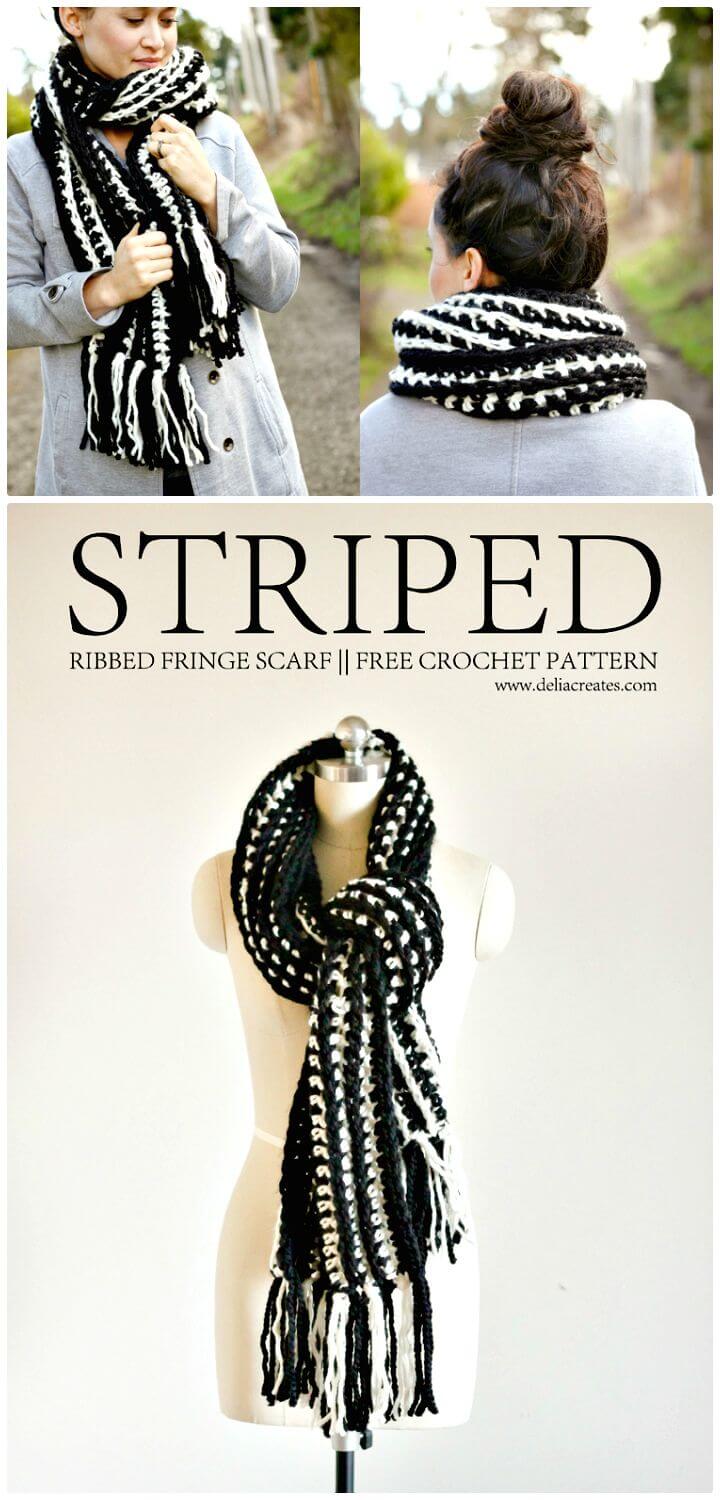 Easy Free Crochet Striped Ribbed Fringe Scarf Pattern