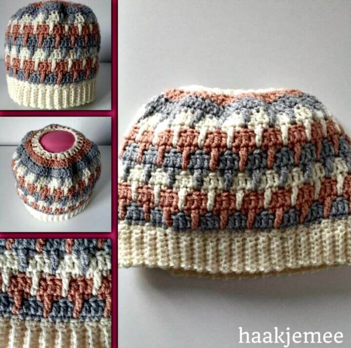How to Crochet Three-Color Messy Bun Beanie
