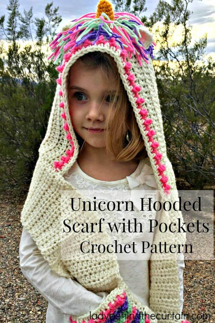 Simple And Easy Free Crochet Unicorn Hooded Scarf With Pockets Pattern