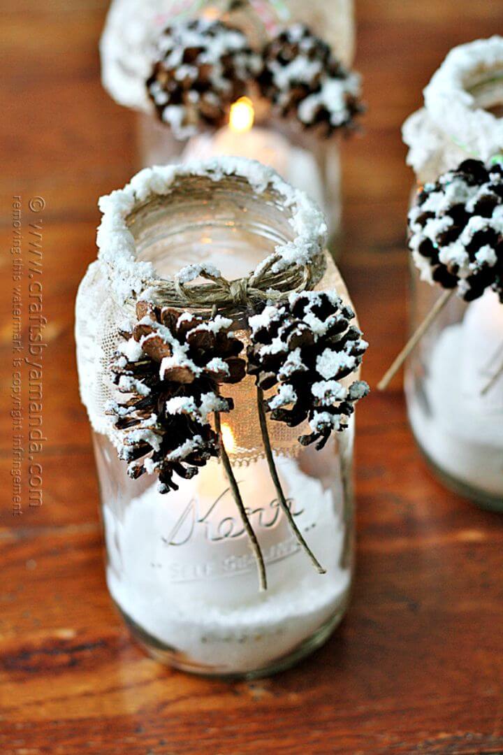 DIY Snowy Pinecone Candle Mason Jars - Free Tutorial