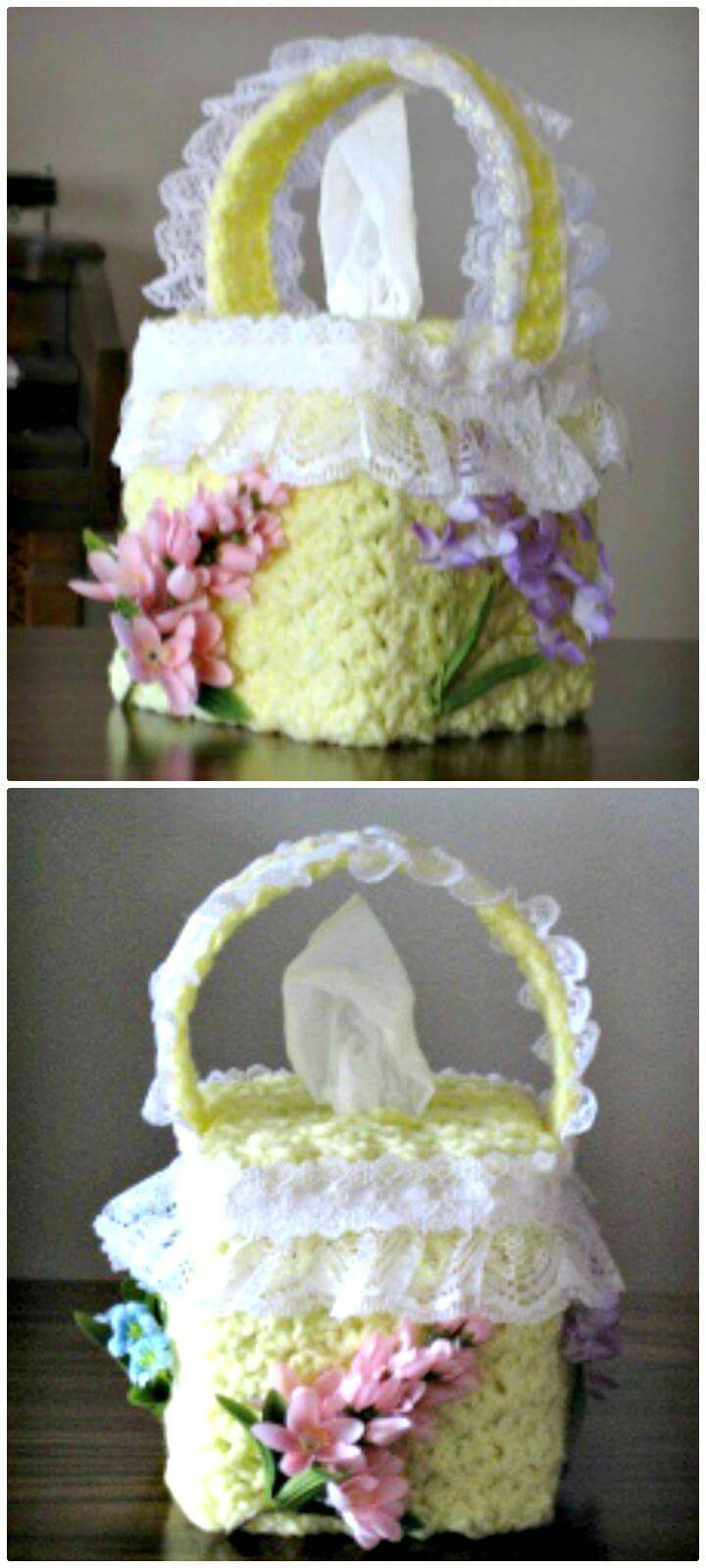 Easy Crochet Lacy Flower Basket Tissue Box Cover - Free Pattern