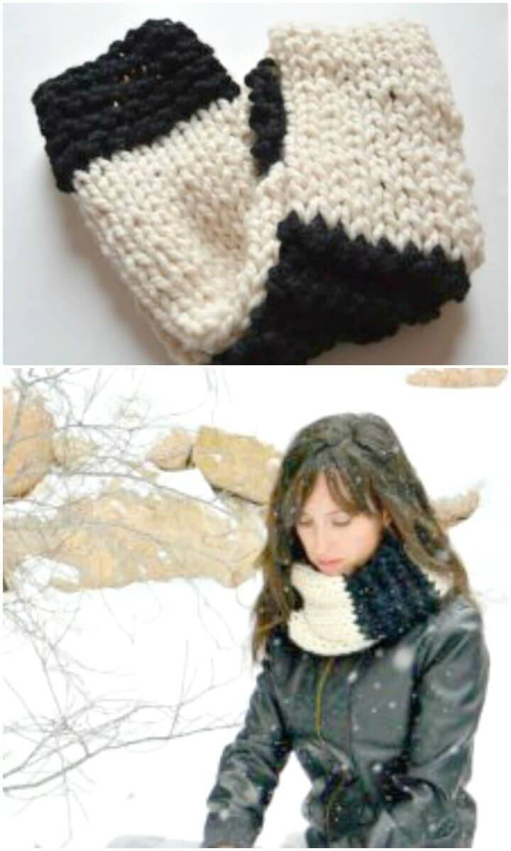 Knitting Black And White Color Block Infinity Scarf - Free Pattern