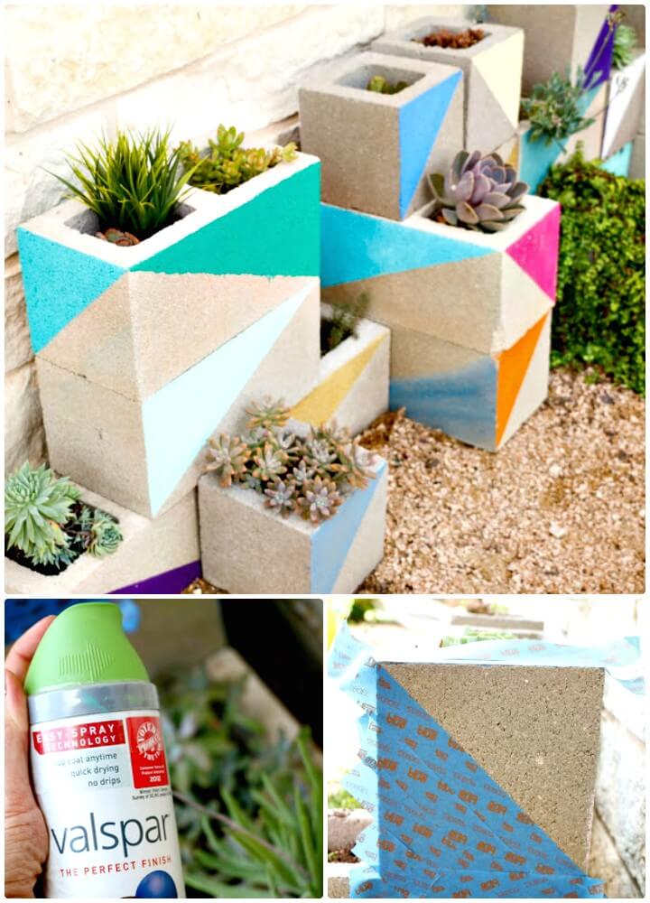 DIY Neon Cinder Block Succulent Garden