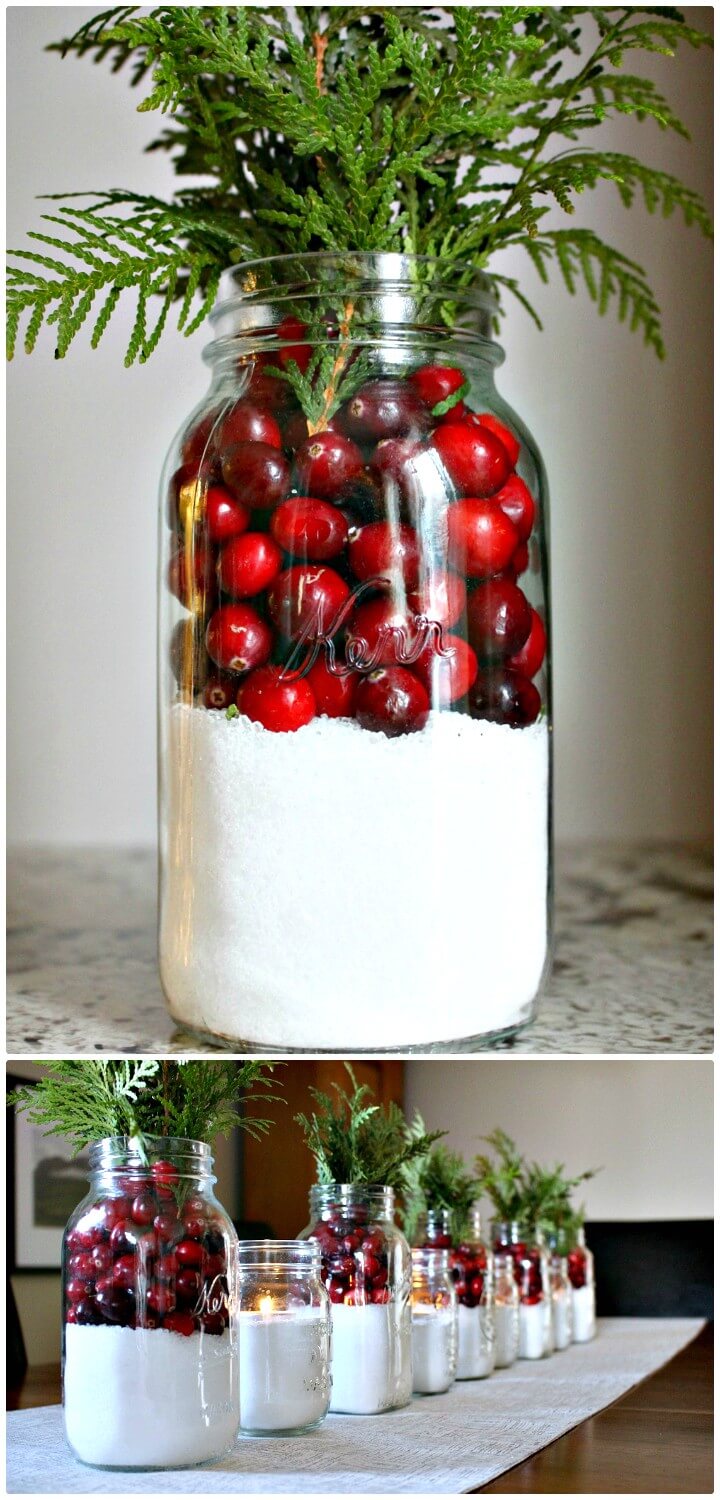 Easy How To Make Cranberry + Snow Centerpiece - DIY Mason Jars for Spring & Summer  