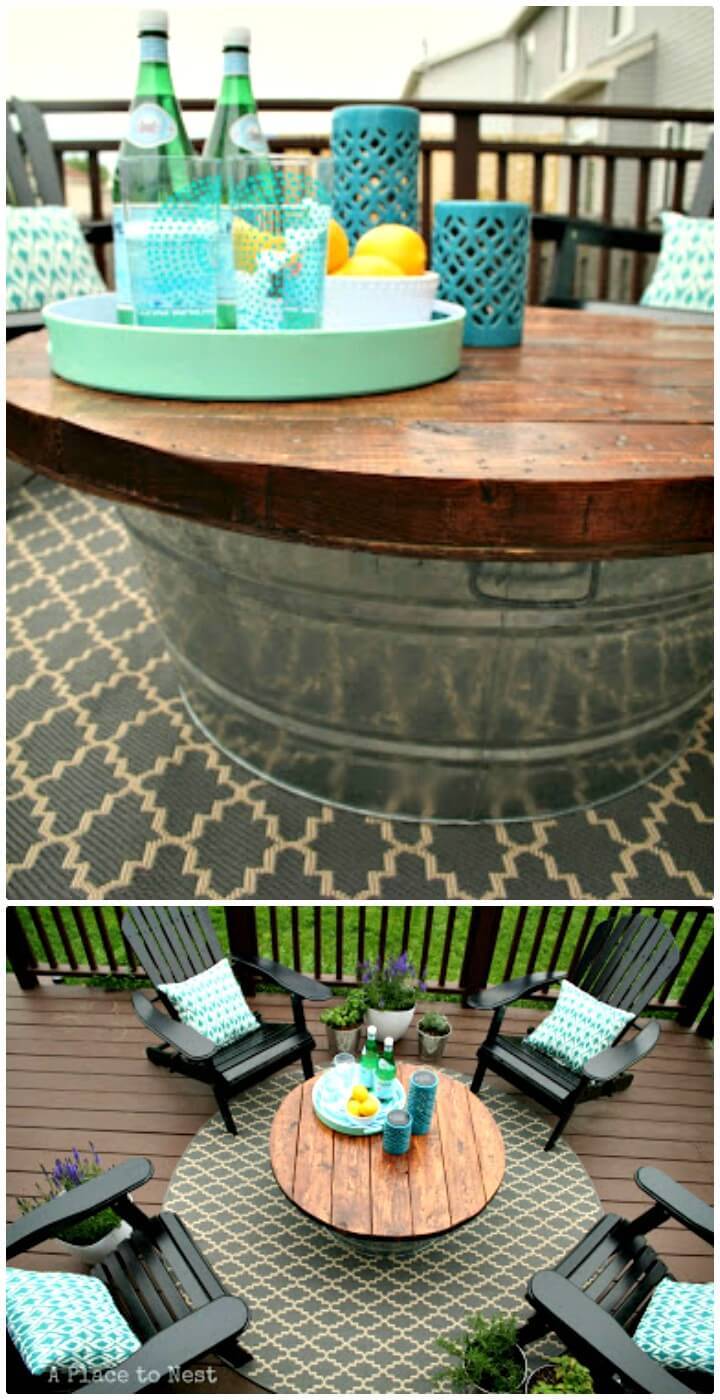 DIY Outdoor Coffee Table With Metal Bucket Base