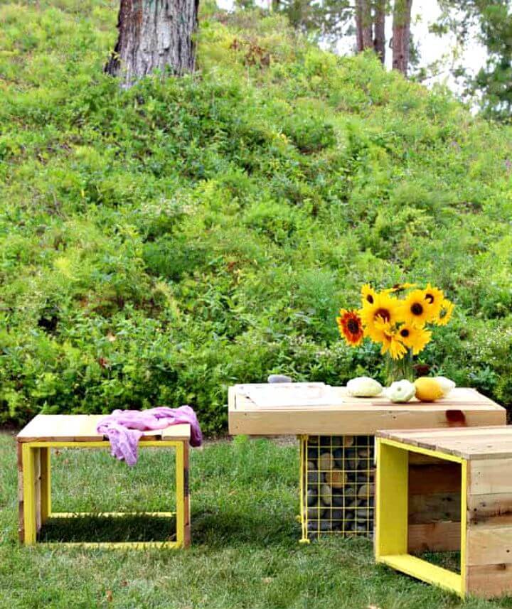 Adorable DIY Pallet Wood Bench and Gabion Table to Sell 