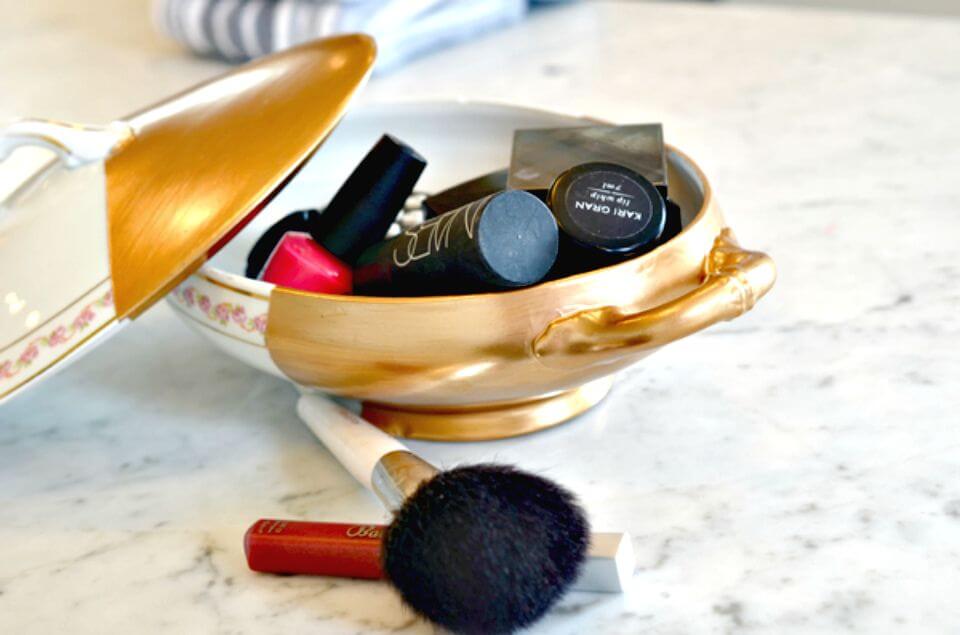 Easy DIY Gilded China Dish Makeup Organizer