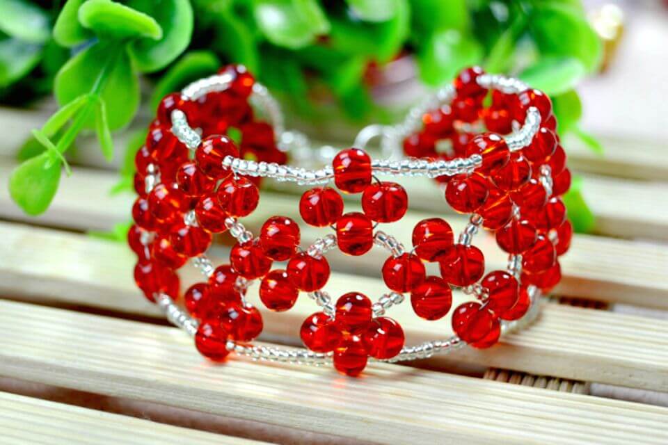 DIY Embellished Red Bead Weaving Bracelet