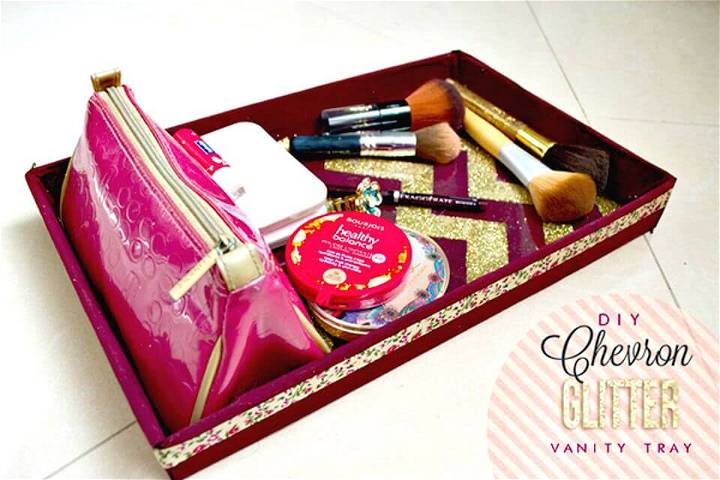 Gorgeous DIY Chevron Glitter Vanity Tray - Makeup Organizer/Storage Ideas 