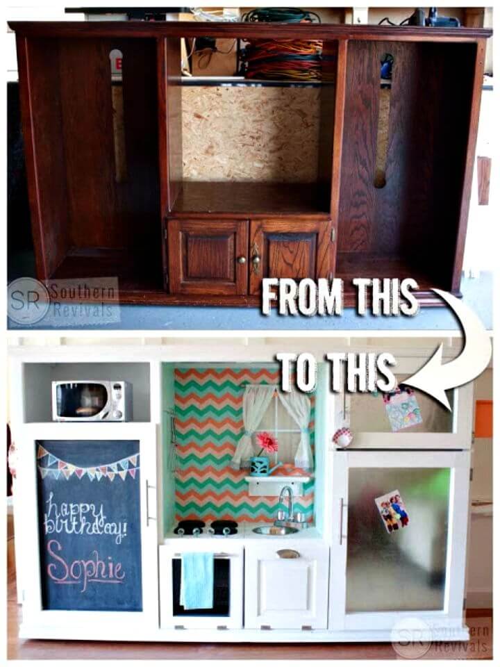 Turn Vintage Entertainment Center Into Play Kitchen