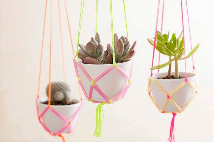 DIY Neon Straws and String Hanging Planters