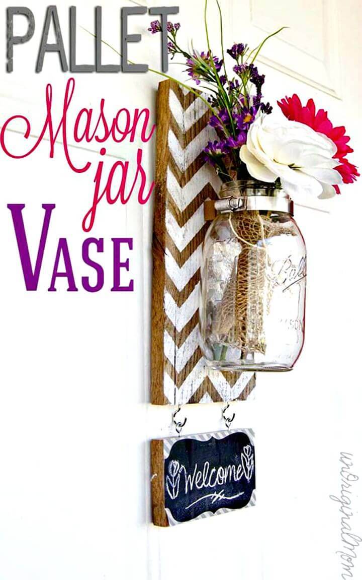 DIY Chevron Pallet Mounted Hanging Mason Jar Vase