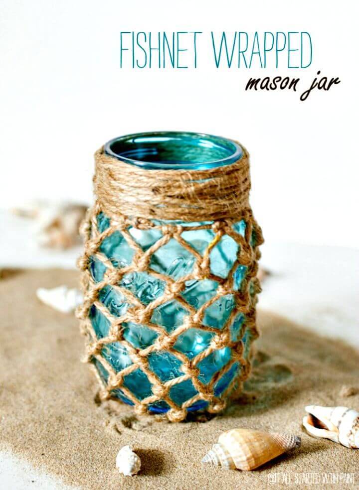DIY Fishnet Wrapped Mason Jar Craft