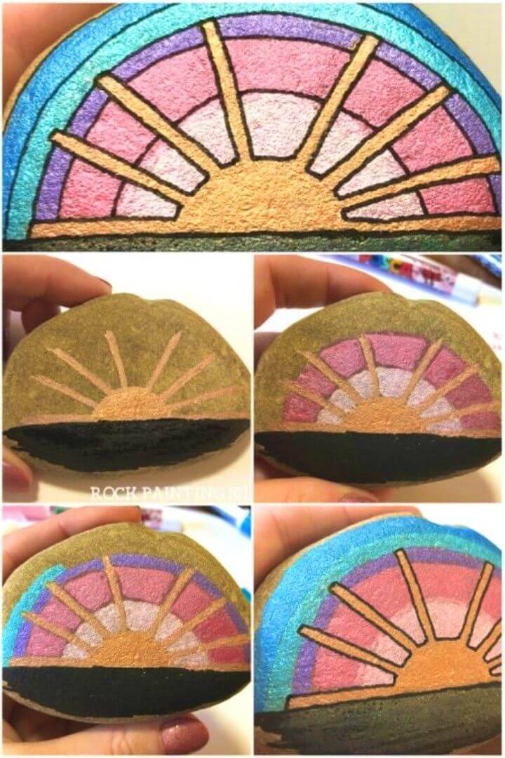 Amazing DIY Graphic Sunset Painted Rocks, Painted Rock Crafts, Stone Painting Designs
