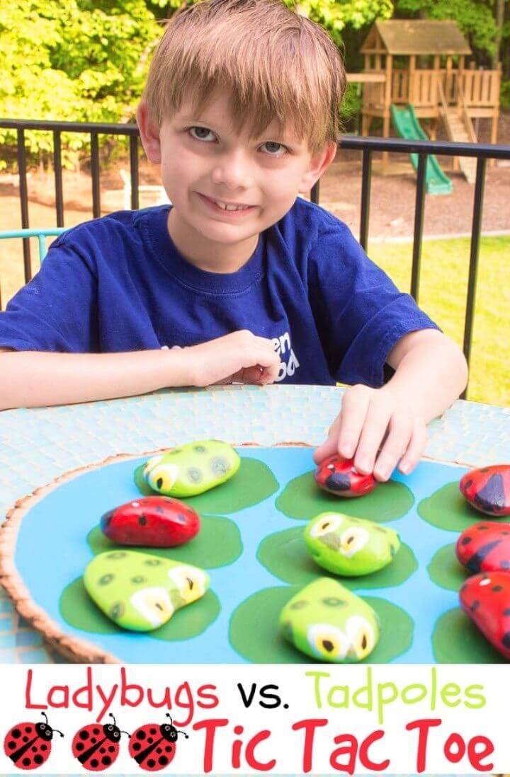 DIY Ladybugs Vs. Tadpoles Outdoor Tic Tac Toe Game, Painted rock insects, painted rock ladybugs and tadpoles