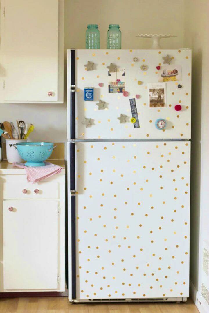 DIY Polka Dot Fridge Using Contact Paper, decorate the fridge with the polka dots that you can easily cut out from a contact paper of choice