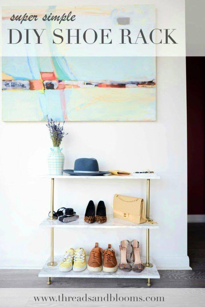 DIY Shoe Rack with Marble Contact Paper, also create a faux marble appeal of your shoe racks using marble contact paper!