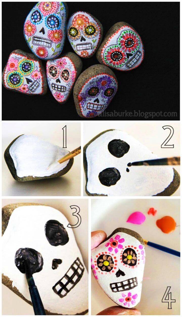 DIY Sugar Skulls Painted Rock, Painted Rock Scary kids Crafts