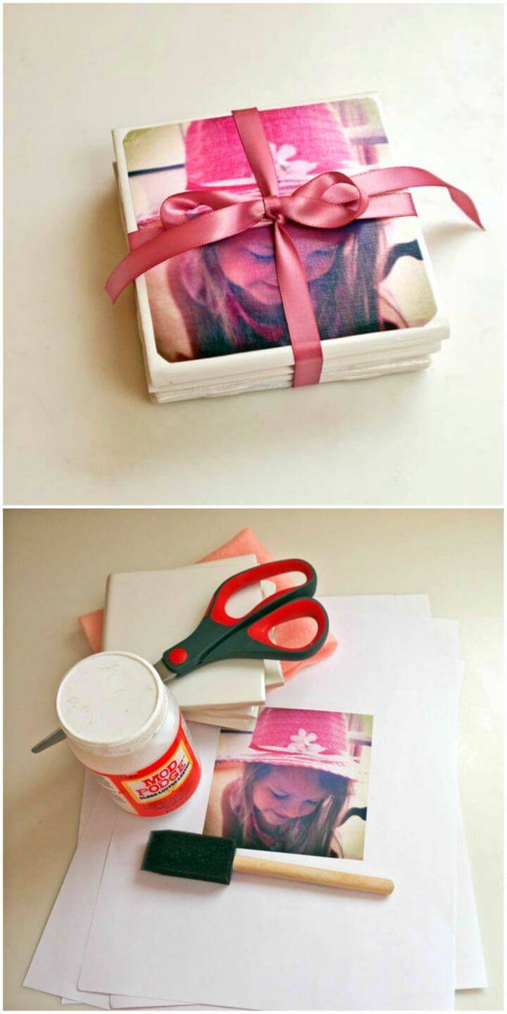 DIY Tile Photo Coasters, paste also your photos on the tile coasts and they will also make lovely photo gifts!
