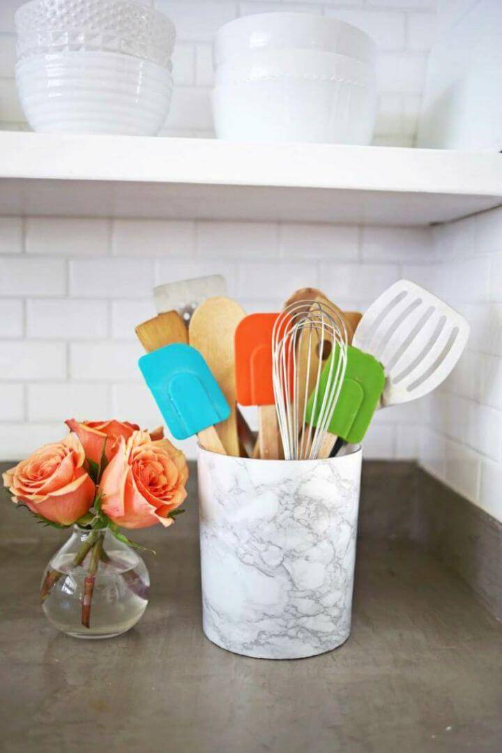 Easy DIY Marble Utensil Holder, marbleize the ordinary utensil holders with marble contact paper!