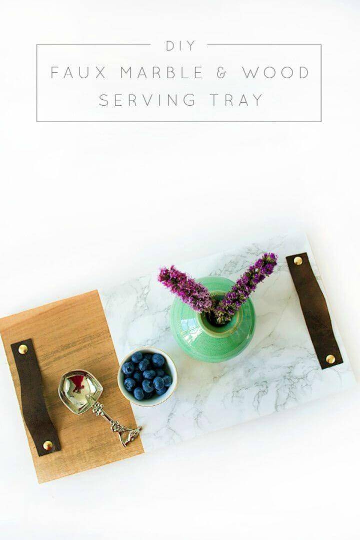 Make Faux Marble and Wood Serving Tray, use the marble contact paper to partially marbleize a wooden tray!