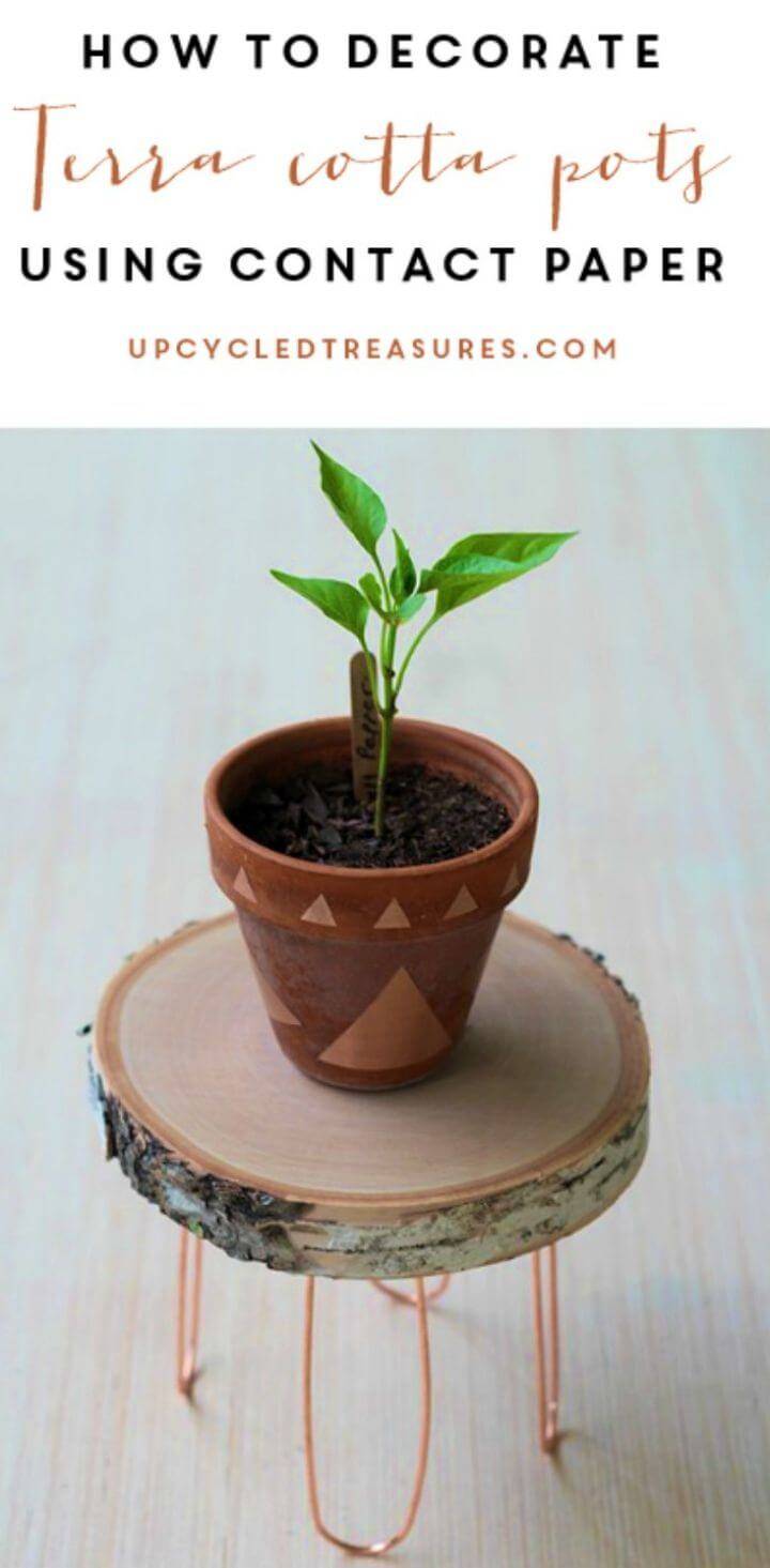 Make Terra Cotta Pots Using Contact Paper, time to jazz up the terracotta pots with a geometrical design pattern using the contact paper cuts outs!