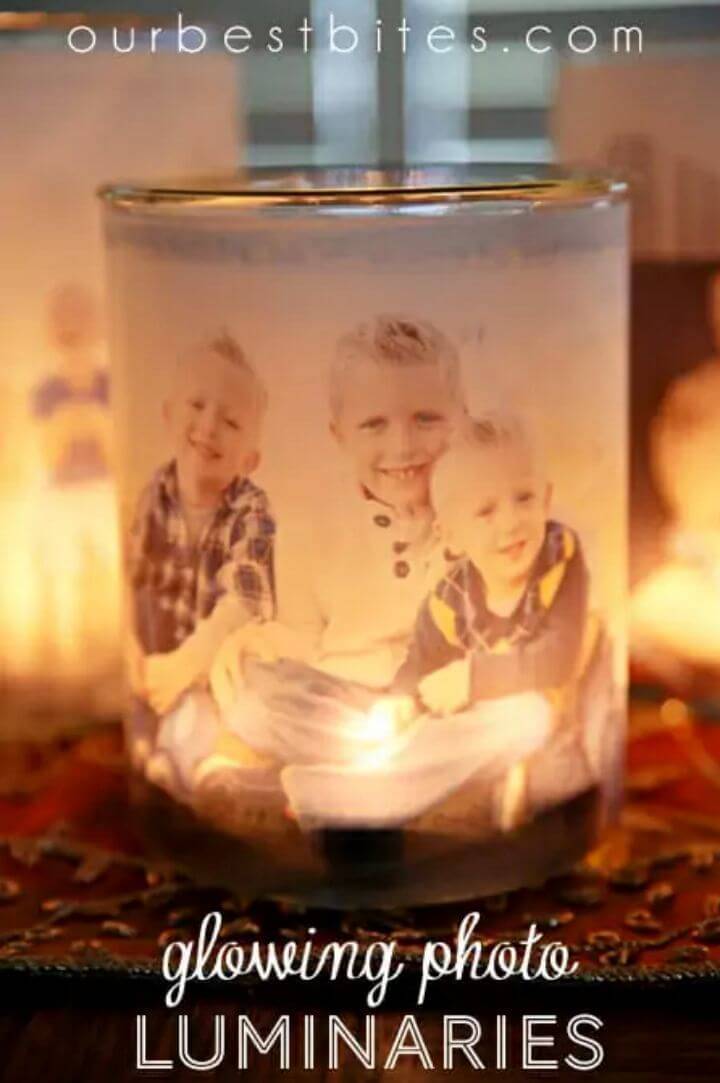 Simple DIY Glowing Photo Luminaries, adhere the photos to outside of glass votives or candle holders, will make lovely photo gifts!