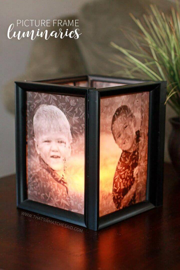Wonderful DIY Picture Frame Luminaries, It would be a great Ideas to Make a Photo Gift by Simply Gluing the photos around a lantern!