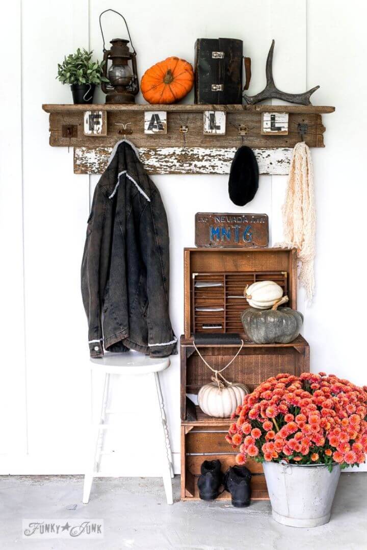 DIY Interchangeable Fall Farm Reclaimed Wood Coat Hook Shelf