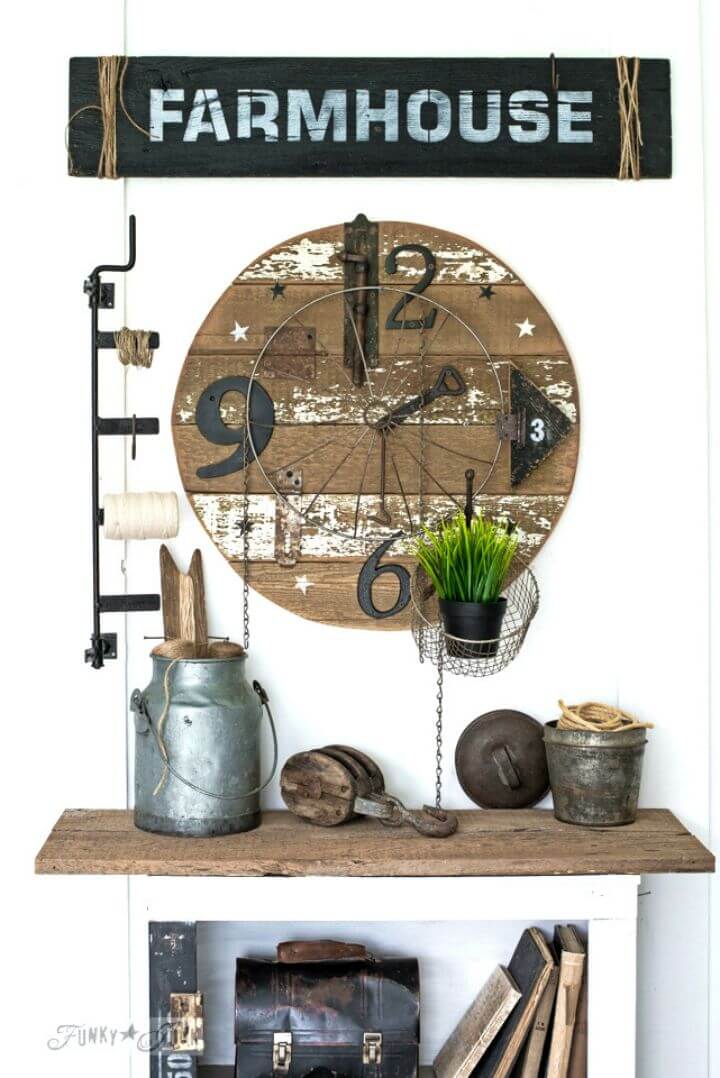 DIY Salvaged Junk Clock With Farmhouse Sign