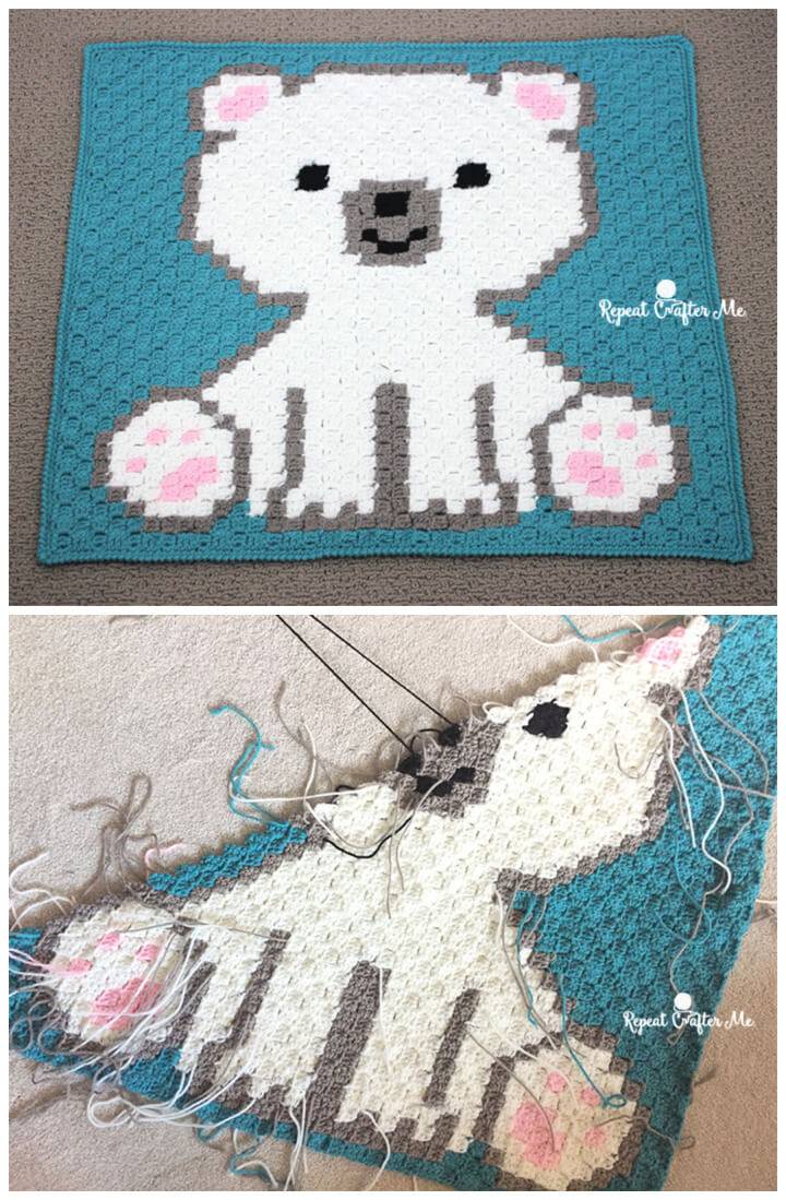 Crochet Polar Bear Cub C2C Blanket Free Pattern