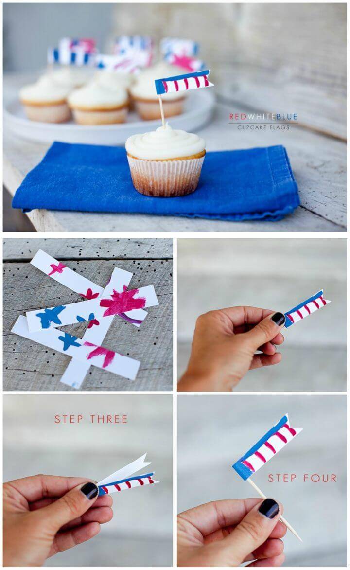 DIY Red White and Blue Painted Cupcake Topper Flags