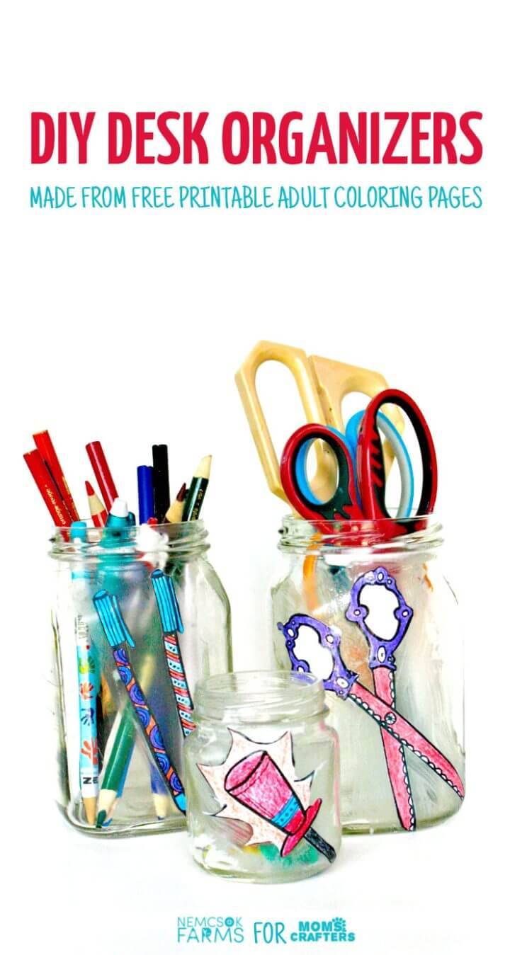 Desk Jar Organizers Using Coloring Pages